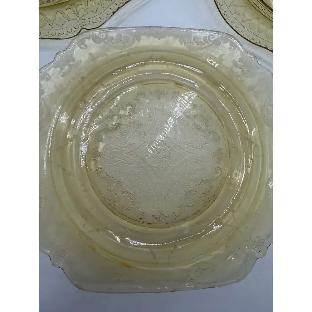Vintage Depression Style Yellow Glass Plates Set 3 Embossed Scroll Scalloped